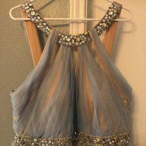 City Triangles Light Blue and Nude Prom Dress with Rhinestone Accents